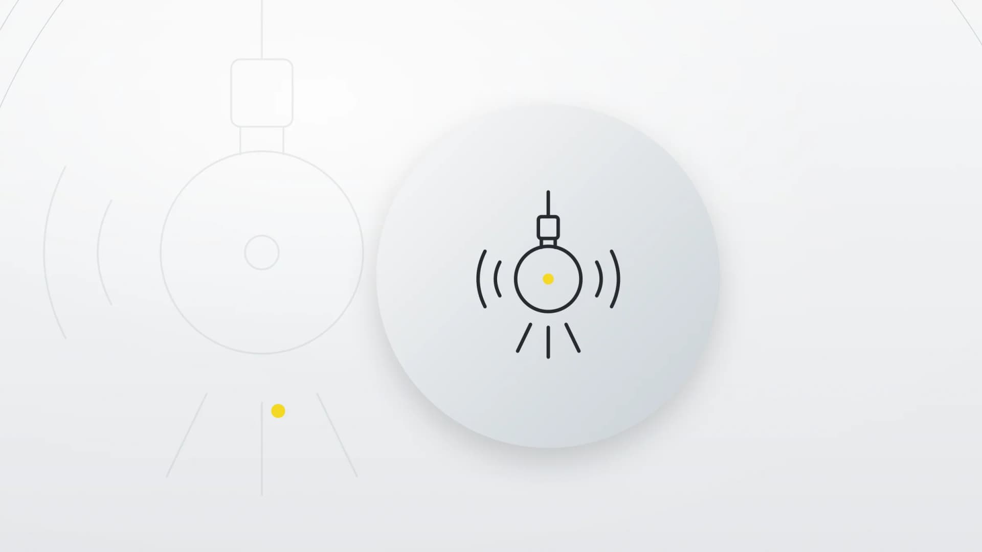 天井から下がる一本のコードの先に電球の輪郭があり、そのまわりに小さな電波の弧が静かに広がる様子を、正面からの線画で見せる、抽象的なイラスト