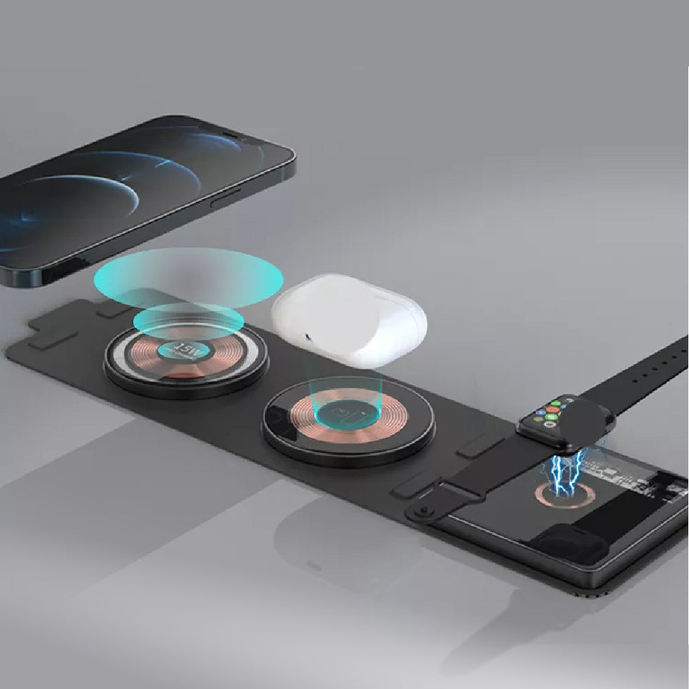 驚異のコンパクト設計、三つに折り畳んで収納可。iPhone・AirPods・Apple Watchを一緒に！ワイヤレス充電器 GeeVolt【MagSafe対応・ワイヤレスAndroid充電／最大15W】 MODERN g 近未来のガジェット