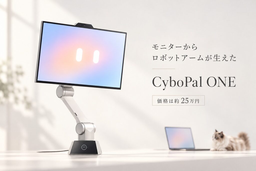 モニターからロボットアームが生えた。「CyboPal ONE」、価格は約25万円。